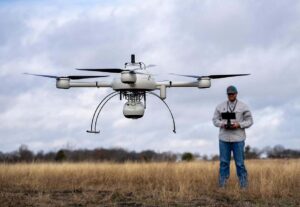 Person operating drone for surveying at construction job site with drone flying over the field